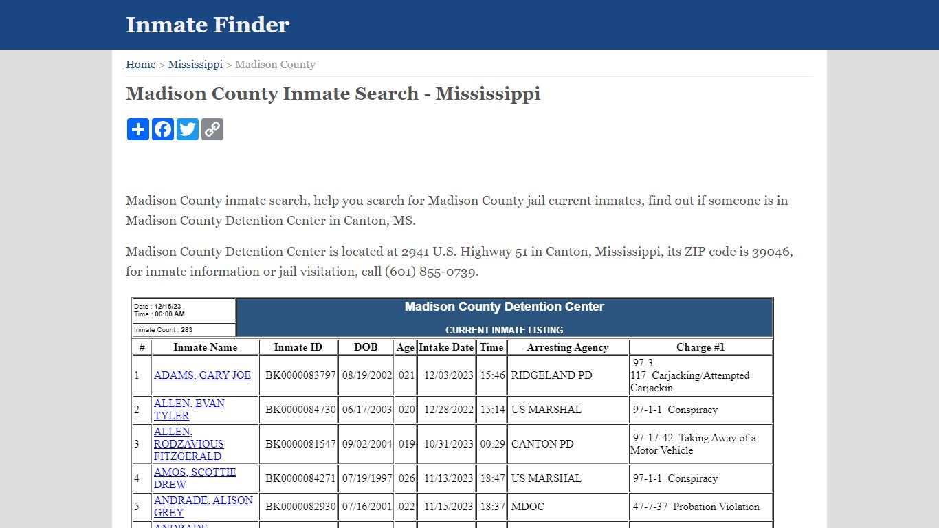 Madison County Inmate Search - Mississippi - Inmate Finder